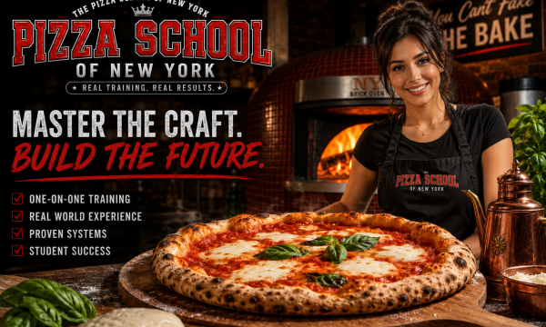 Pizza School of New York student preparing a standardized pizza recipe in a professional brick oven kitchen