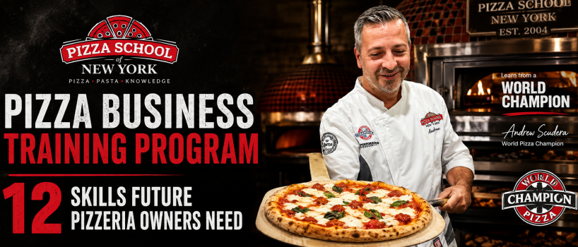 Pizza School of New York instructor presenting a hands-on pizza business training program for future pizzeria owners