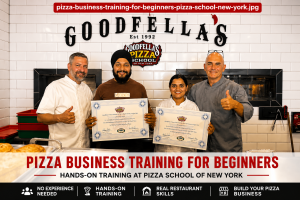 Pizza business training students at Pizza School of New York receiving course certificates